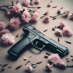 A surreal horror scene featuring guns and bullets intertwined with delicate Japanese flowers