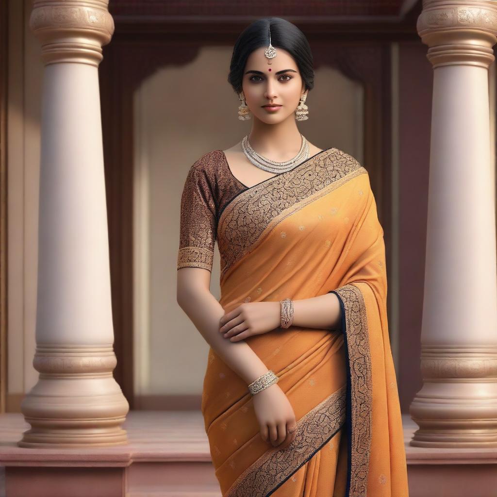 A beautiful Indian woman wearing a traditional saree, depicted in a realistic and ultra-realistic style