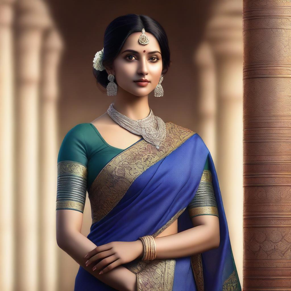 A beautiful Indian woman wearing a traditional saree, depicted in a realistic and ultra-realistic style