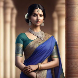 A beautiful Indian woman wearing a traditional saree, depicted in a realistic and ultra-realistic style