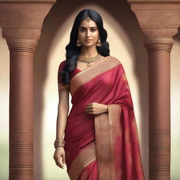 A beautiful Indian woman wearing a traditional saree, depicted in a realistic and ultra-realistic style