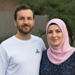 A white woman in a hijab standing alongside her husband, both wearing shirts with a prominent 'A' printed on the front