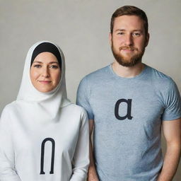 A white woman in a hijab standing alongside her husband, both wearing shirts with a prominent 'A' printed on the front