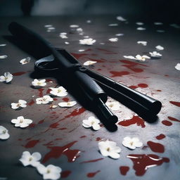 A dark and eerie scene set on a stone floor with white flowers scattered around