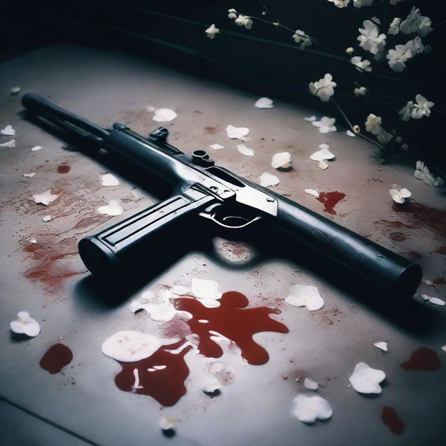 A dark and eerie scene set on a stone floor with white flowers scattered around