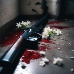 A dark and eerie scene set on a stone floor with white flowers scattered around