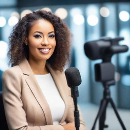 A beautiful woman being interviewed with a microphone