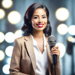 A beautiful woman being interviewed with a microphone