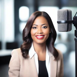 A beautiful woman being interviewed with a microphone