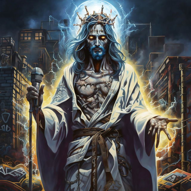 Hyperrealistic digital art of Ghostpunk Jesus, a spectral figure in ancient attire and a crown of thorns, in a grungy cityscape at night. He has a devilish grin and holds a microphone stand made of ethereal energy and rusted iron.