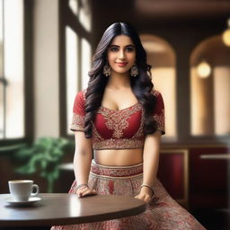 A beautiful Indian girl with soft skin, wearing a traditional lehenga choli, sitting in a cozy coffee shop