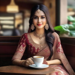 A beautiful Indian girl with soft skin, wearing a traditional lehenga choli, sitting in a cozy coffee shop