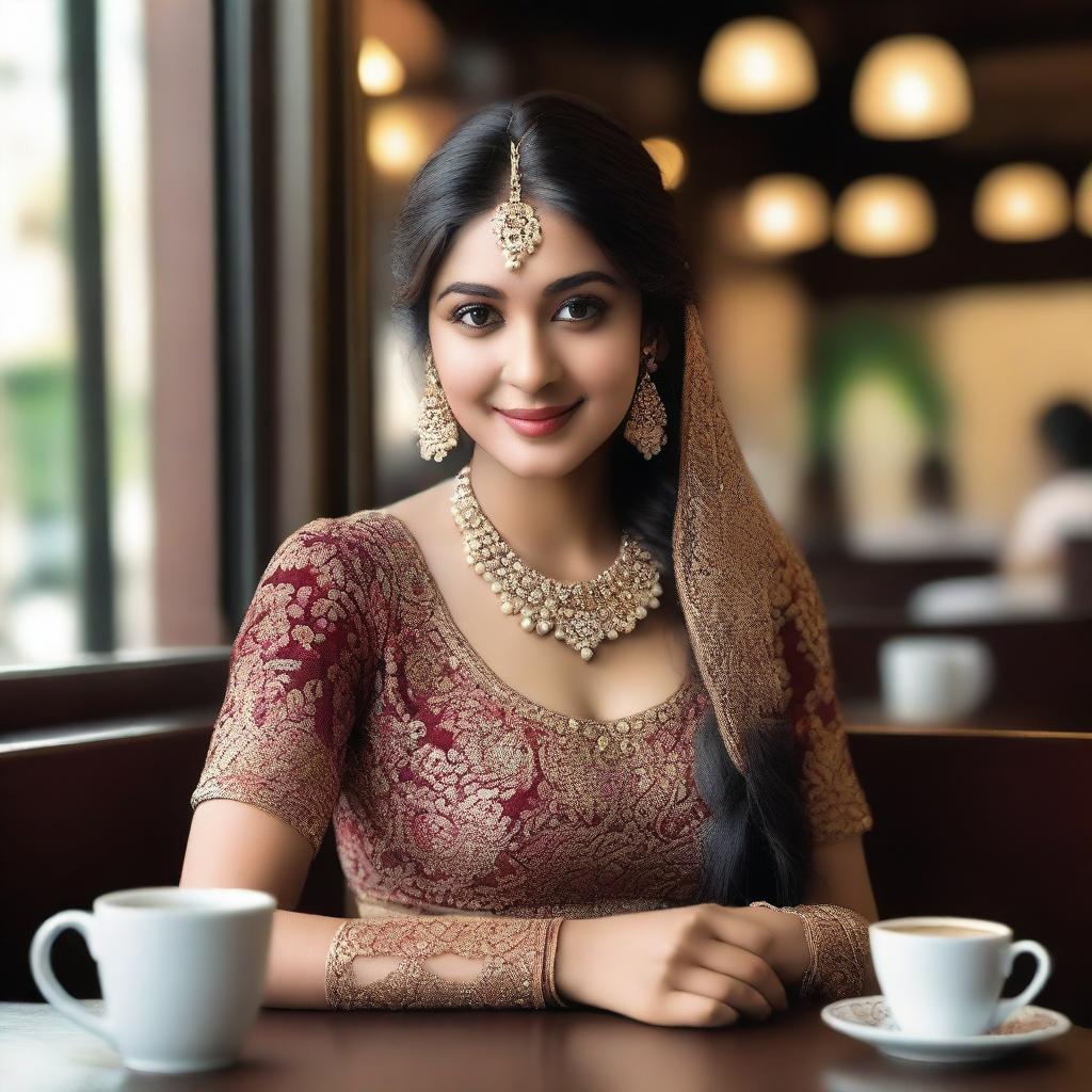 A beautiful Indian girl with soft skin, wearing a traditional lehenga choli, sitting in a cozy coffee shop