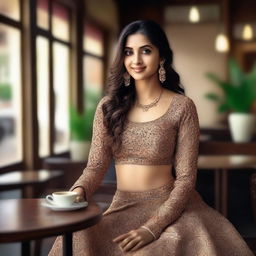 A beautiful Indian girl with soft skin, wearing a traditional lehenga choli, sitting in a cozy coffee shop