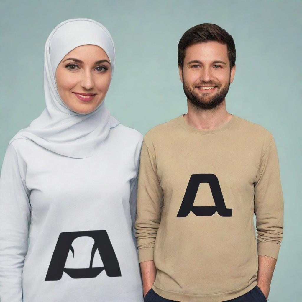 A cartoon image of a white woman in a hijab standing next to her husband. Both are wearing shirts with a prominent 'A' on the front