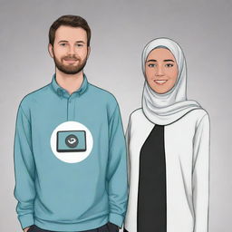 A cartoon image of a white woman in a hijab standing next to her husband. Both are wearing shirts with a prominent 'A' on the front