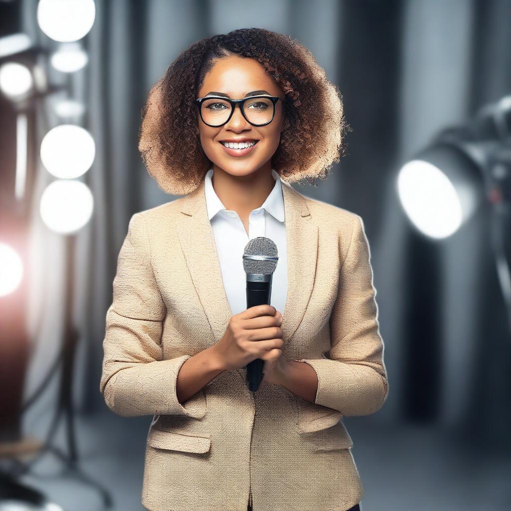 A woman with glasses holding a microphone