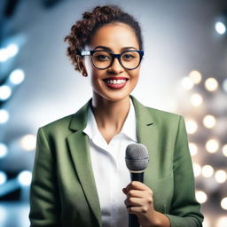 A woman with glasses holding a microphone