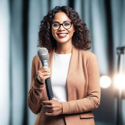 A woman with glasses holding a microphone