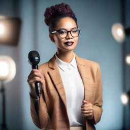 A confident woman wearing glasses and holding a microphone