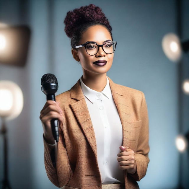 A confident woman wearing glasses and holding a microphone