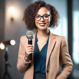 A confident woman wearing glasses and holding a microphone