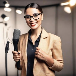 A confident woman wearing glasses and holding a microphone