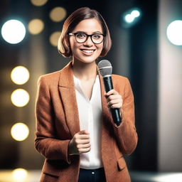 A confident woman wearing glasses and holding a microphone