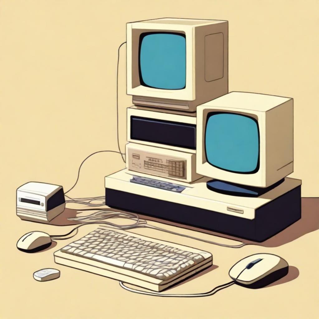 A detailed illustration of a 1990s computer setup, featuring a bulky CRT monitor, a beige desktop tower, a mechanical keyboard, and a wired mouse