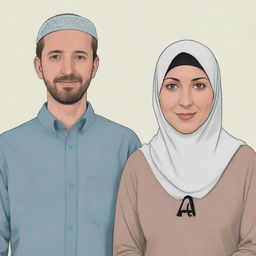 A cartoon image of a white woman in a hijab standing next to her husband. Both are wearing shirts with a prominent 'A' on the front