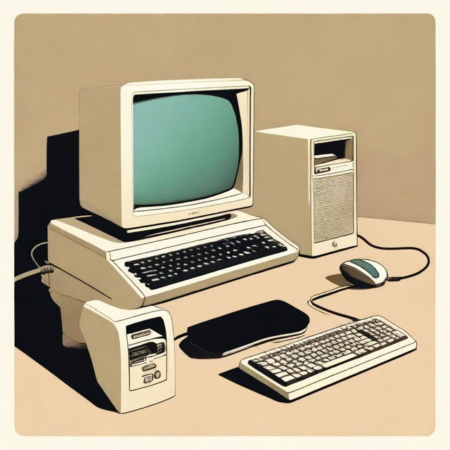 A detailed illustration of a 1990s computer setup, featuring a bulky CRT monitor, a beige desktop tower, a mechanical keyboard, and a wired mouse