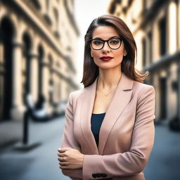 An elegant Italian woman wearing a tailored suit and glasses