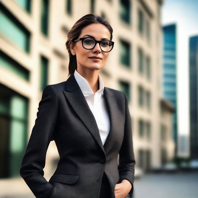 An elegant Italian woman wearing a tailored suit and glasses