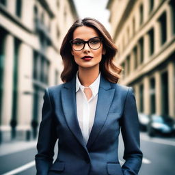 An elegant Italian woman wearing a tailored suit and glasses