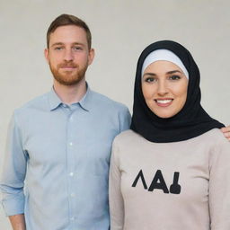 A cartoon image of a white woman in a hijab standing next to her husband. Both are wearing shirts with a prominent 'A' on the front