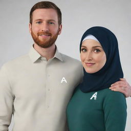 An animated style image of a white woman in a hijab standing next to her husband, both wearing shirts displaying a prominent 'A' on the front