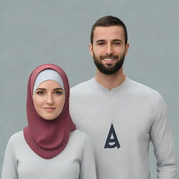 An animated style image of a white woman in a hijab standing next to her husband, both wearing shirts displaying a prominent 'A' on the front