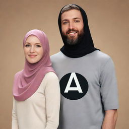 An animated style image of a white woman in a hijab standing next to her husband, both wearing shirts displaying a prominent 'A' on the front