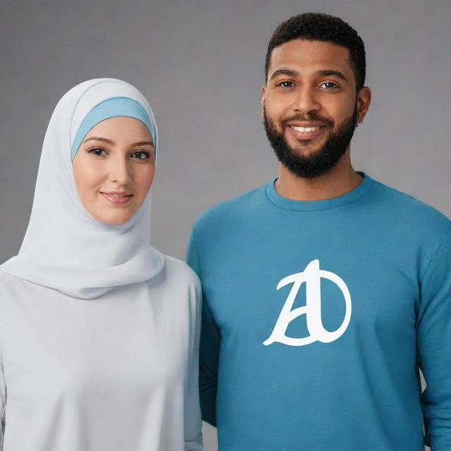 An animated style image of a white woman in a hijab standing next to her husband, both wearing shirts displaying a prominent 'A' on the front