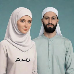 Anime-style depiction of a white woman in a hijab standing next to her husband. They are both wearing shirts with a prominent 'A' on the front