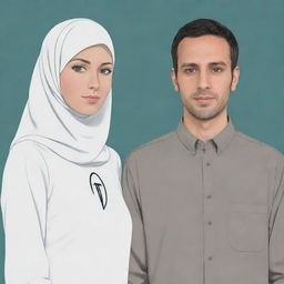 Anime-style depiction of a white woman in a hijab standing next to her husband. They are both wearing shirts with a prominent 'A' on the front