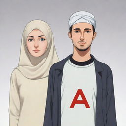 Anime-style depiction of a white woman in a hijab standing next to her husband. They are both wearing shirts with a prominent 'A' on the front