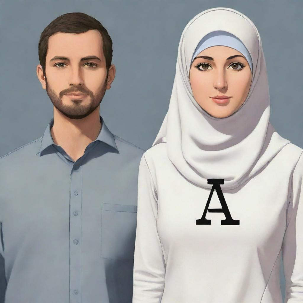 Anime-style depiction of a white woman in a hijab standing next to her husband. They are both wearing shirts with a prominent 'A' on the front