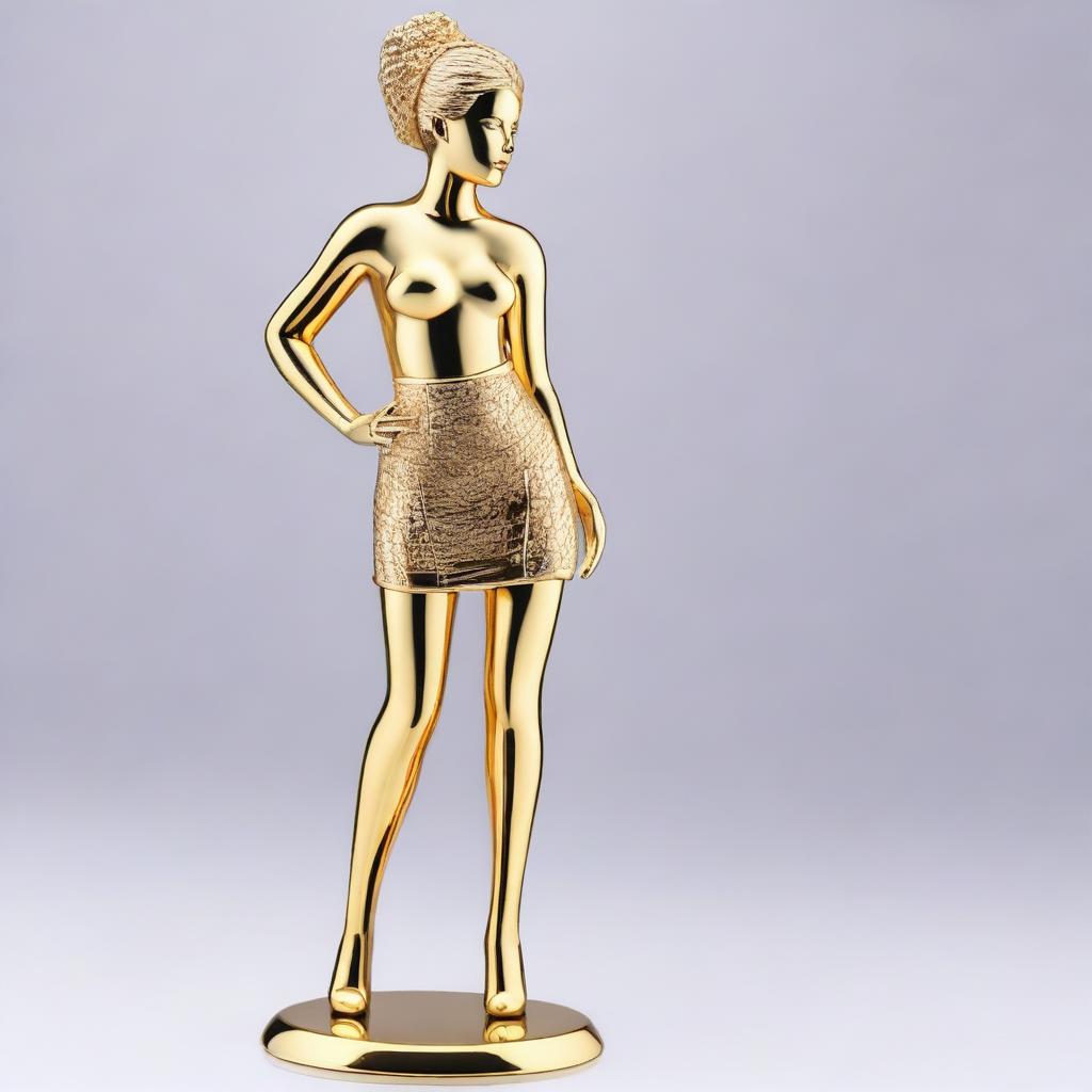 A golden figurine of a woman wearing a mini skirt, designed with a sophisticated and sexy appearance