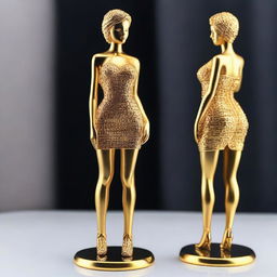 A golden figurine of a woman wearing a mini skirt, designed with a sophisticated and sexy appearance