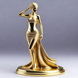 A golden figurine of a woman wearing a mini skirt, designed with a sophisticated and sexy appearance