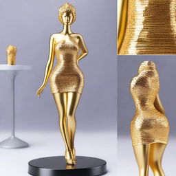 A golden figurine of a woman wearing a mini skirt, designed with a sophisticated and sexy appearance