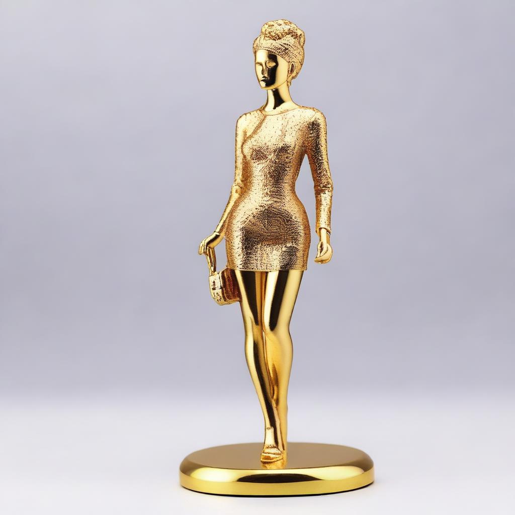 A golden figurine of a woman wearing a mini skirt, designed with elegance and sophistication