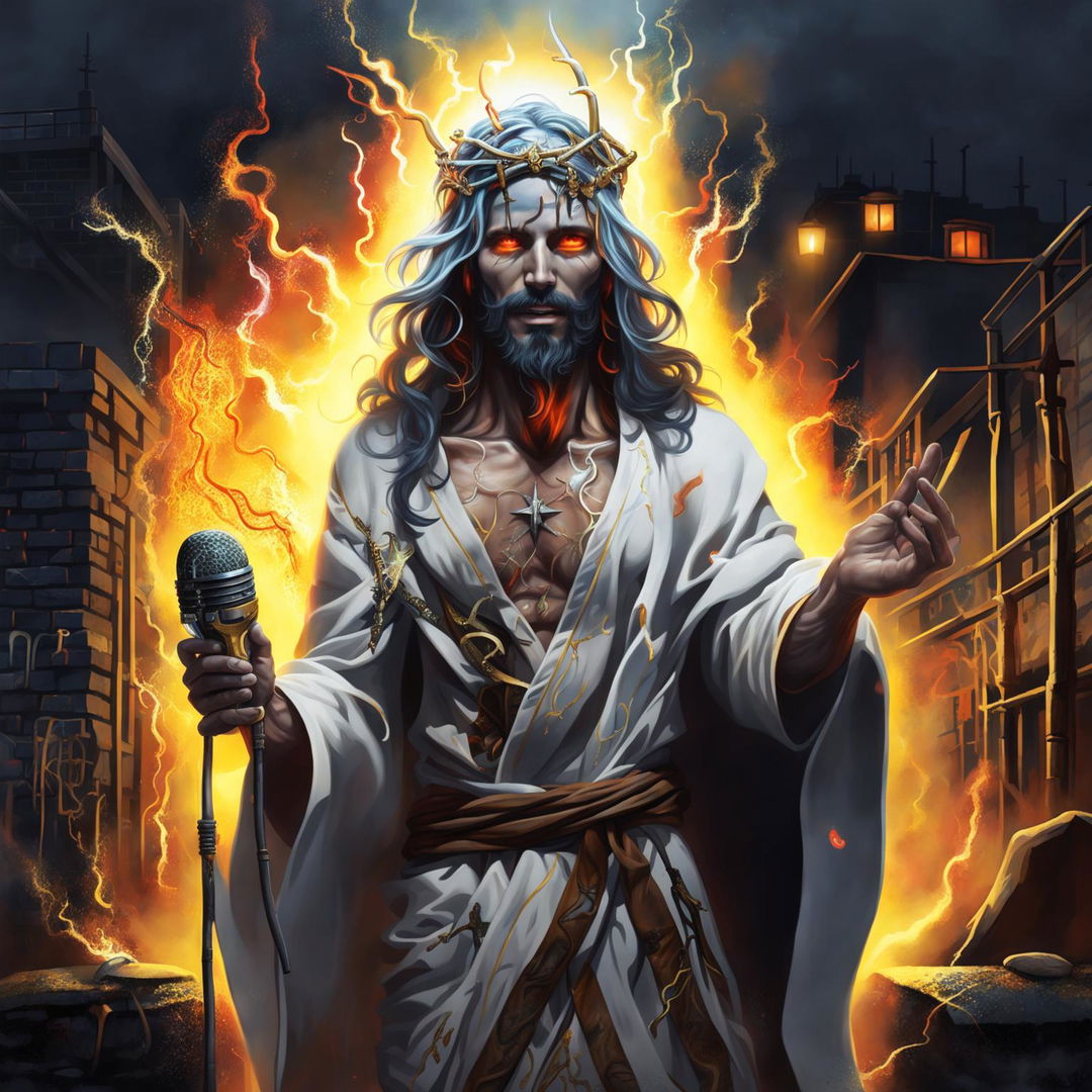 Hyperrealistic digital art of Ghostpunk Jesus, a spectral figure in ancient attire and a crown of thorns, in a grungy cityscape at night. He has a devilish grin and holds a microphone stand made of ethereal fire and rusted iron.