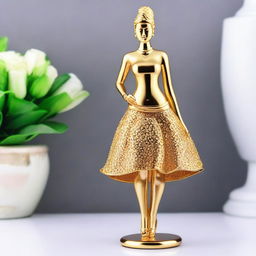 A golden figurine of a woman wearing a mini skirt, designed with elegance and sophistication